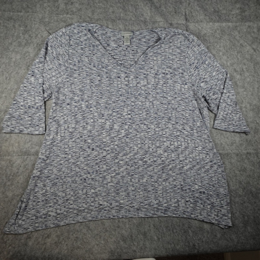 Catherines Top Women 3X Blue Marled Knit V Neck 3/4 Sleeve Stretch Tee